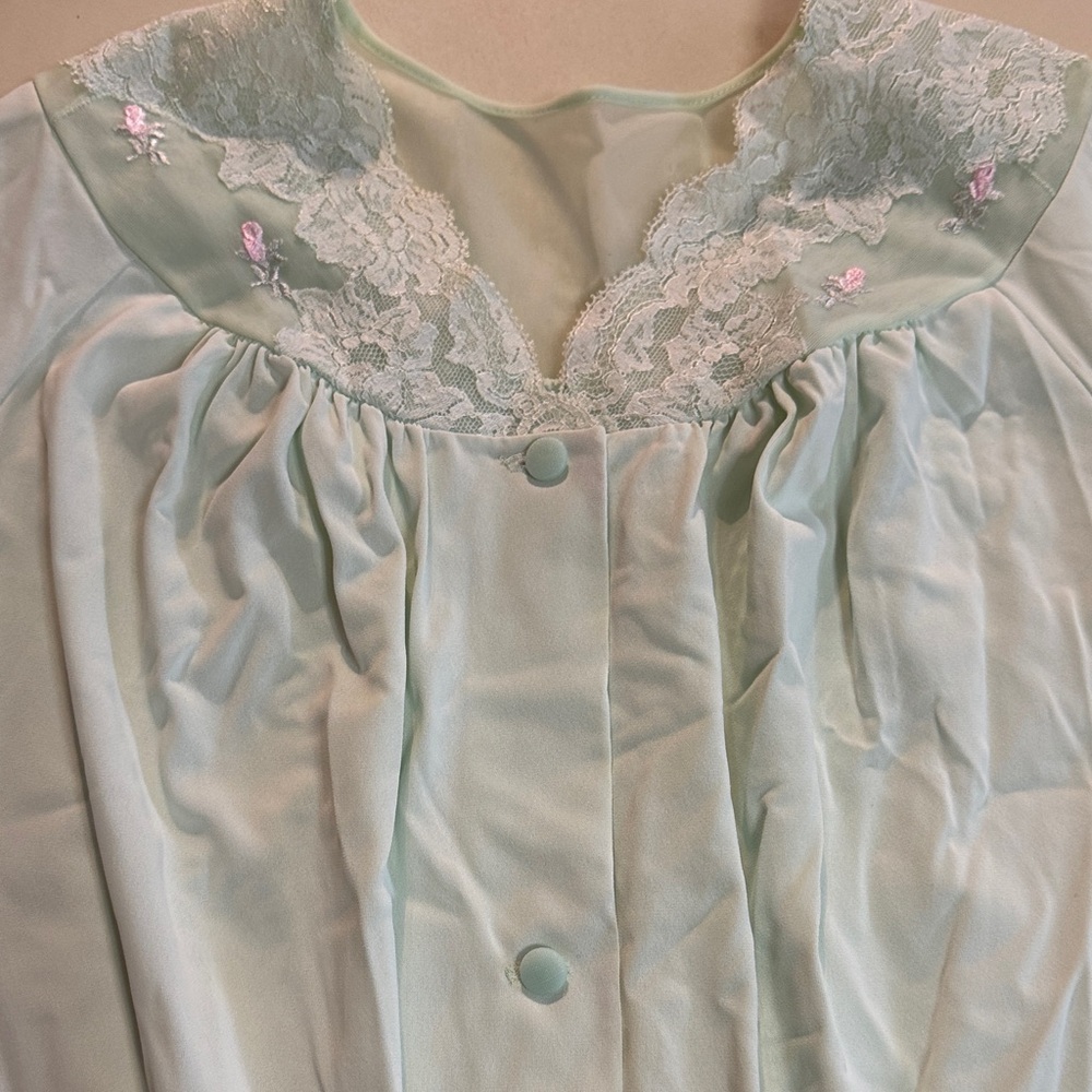 Vintage Shadowline S Mint Green Rosebud Lace Trim Long Robe - Picture 1 of 8